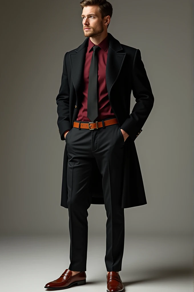 black coat, Brown pany loffar, brown bealt,, Black tie, merron shirt