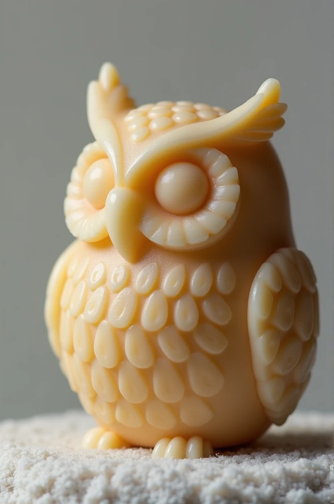 Round soap with embossed embossing of the bust of a stylized owl ox