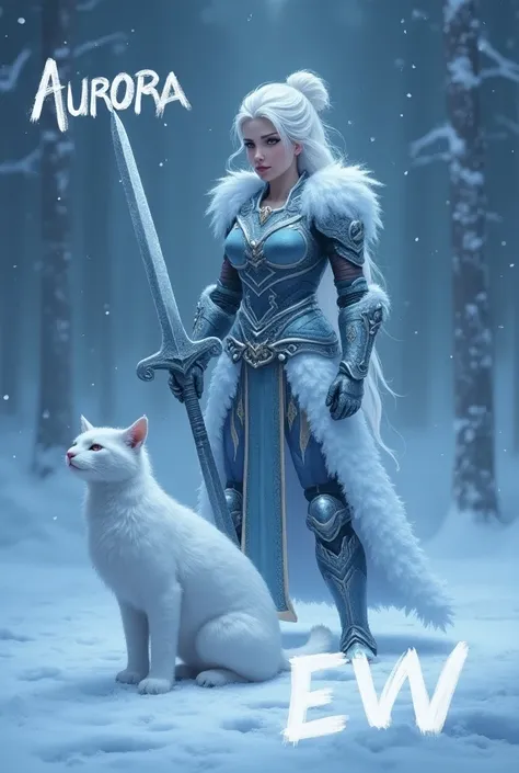 Can you create me a picture with a frost warrior queen, with a frost cat wearing armor in front of her. She is holding a sword and there is an "Aurora" text in the air. And in front of her, there is a sing writing "EVV" on the ground