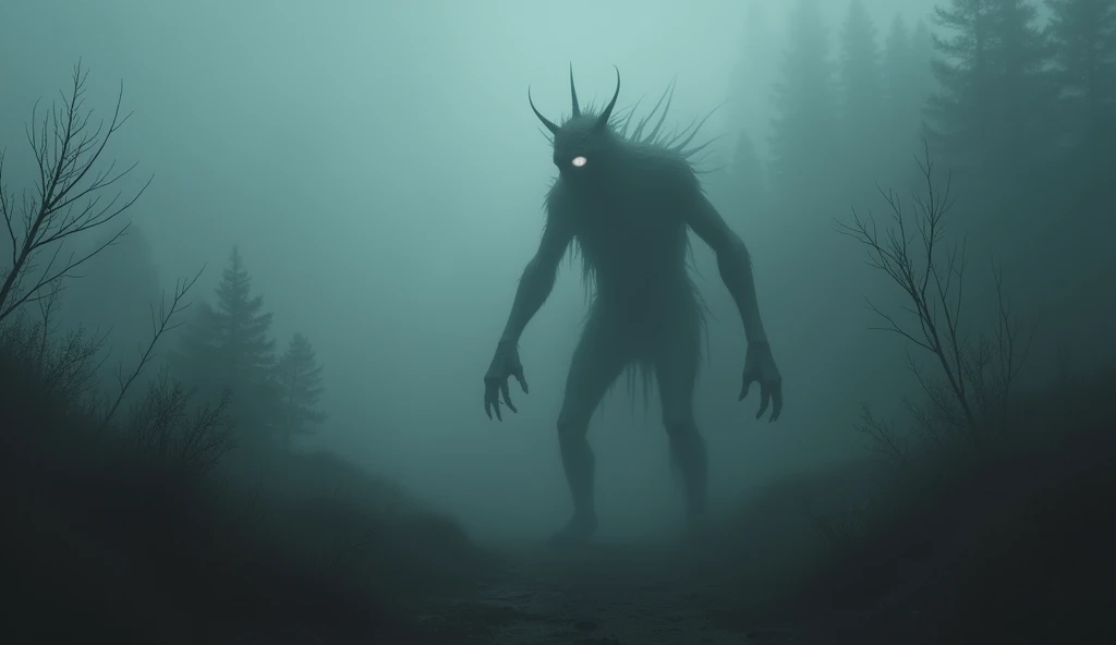 heavy fog , dark environment, bizarre creature
