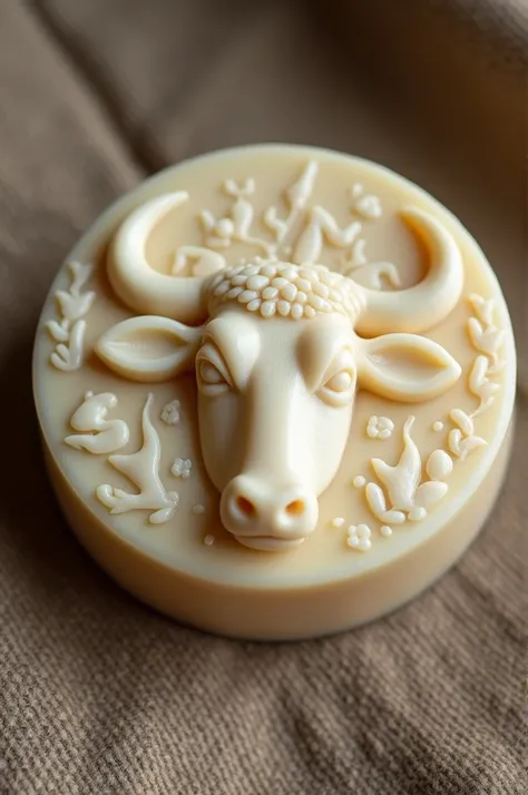  Round soap with the embossed embossing of the bust of a stylized ox profile, designed with just one scratch 