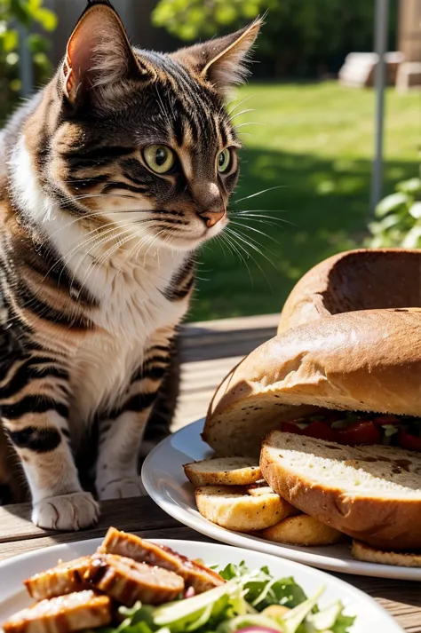 a cat eating barbecue and salad at yard, detailed feline features, beautiful fur texture, detailed whiskers, detailed eyes, deta...