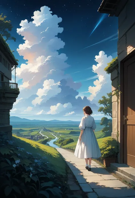 night　white： beautiful fantastic landscape , a long white cloud staircase leading to a door in a Quiet blue sky, ふわふわの柔らかいwhiteい雲, Like a dream,  wonderful, (Best Quality, 4K,8k,  high resolution on down, masterpiece :1.2),  very detailed, (Practical, phot...