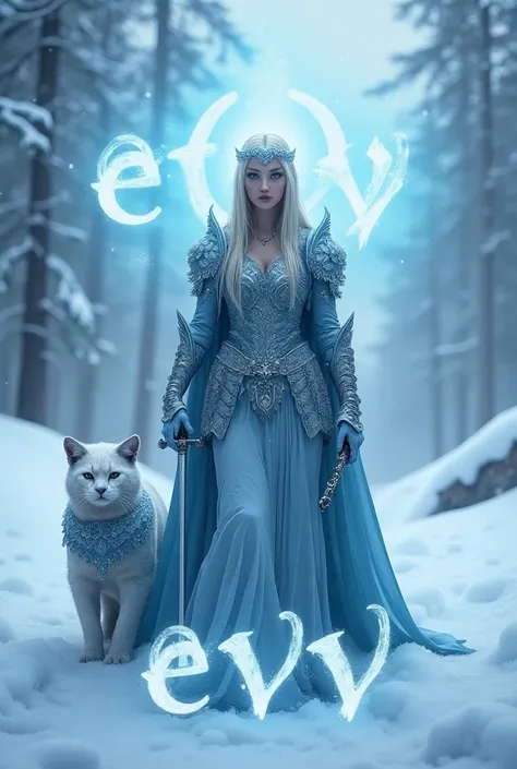 A frost warrior queen, with a frost cat wearing armor in front of her. She is holding a sword and there is an "Aurora" text in the air. And in front of her, there is a sing writing "EVV" on the ground