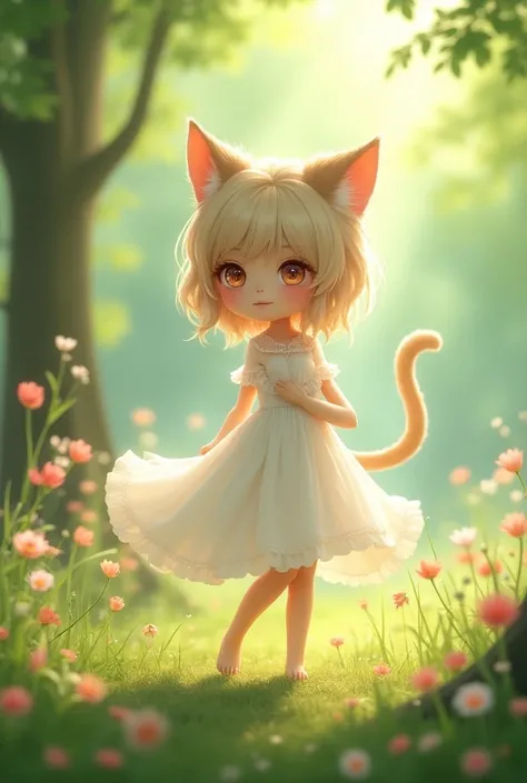 A Cute humanoid cat girl, wearing a little white summer dress, in the park