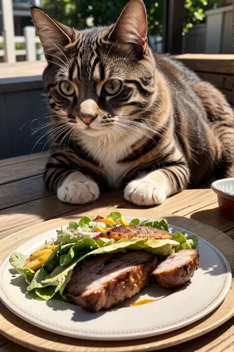 a cat eating barbecue and salad at yard, detailed feline features, beautiful fur texture, detailed whiskers, detailed eyes, deta...