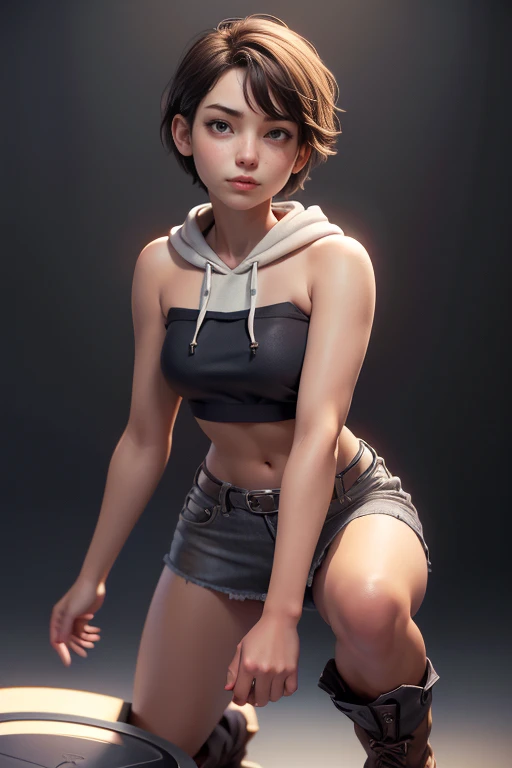 young woman,  short hair ,  brown eyes, blue tube top , Black miniskirt,  knee-length brown boots , gray hoodie sweatshirt, face to the camera,  Dynamic Pose ,  masterpiece , super detail,  lyrics,  natural lighting ,  sharp focus,  ultra resolution ,  pla...