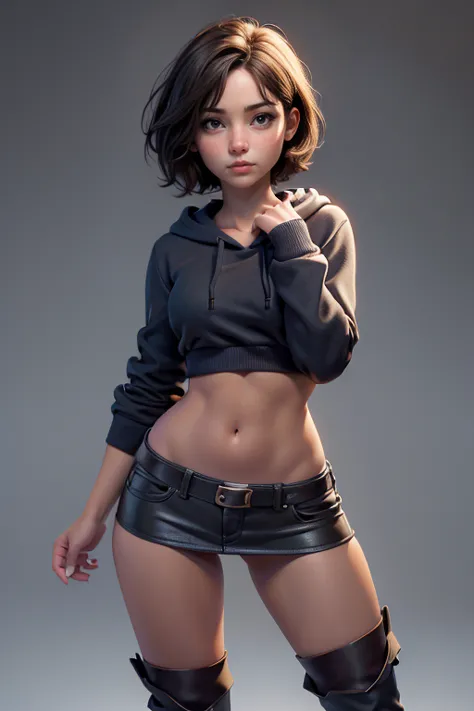 young woman,  short hair ,  brown eyes, blue tube top , black miniskirt,  knee-length brown boots , gray hoodie sweatshirt, face...