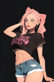 (day:1.7), outdoors, street,Cyberpunk_CityView, (very detailed background),
EMILY BLUNT, dynamic pose, , dynamic angle,
pink_eyes, pink_hair,twintails, hair ribbon,
dakini, (((dark_skin, gyaru, jewelry,cropped shirt, denim shorts))), navel cutout, ((underb...