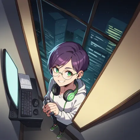 score_9, score_8_above, score_7_above, score_6_above, score_5_above, score_4_above, source_anime, girl, in a dark room, At night ,  view of the city from the window  ,  Headphones on the neck ,  side of the back to a computer monitor with programming codes...