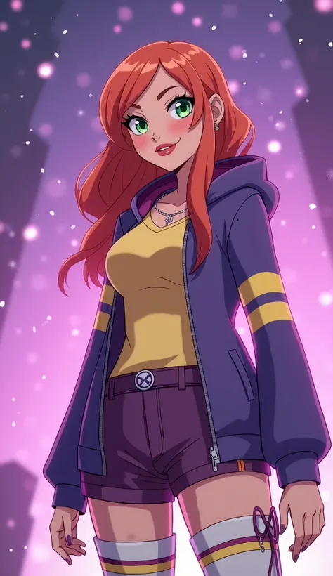 (Close up), (Close up from top of head to bottom of thigh) ((Barbara from DC Super Hero Girls 2019)), Barbara is a tall, slim and fair-skinned teenager with rosy cheeks, bright-emerald eyes and long, hot-orange hair with a brighter-colored ombre on the bot...