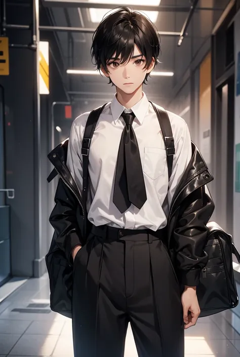 Black Hair, Short Hair, brown eyes, 1boy, highschool uniform, black pants.