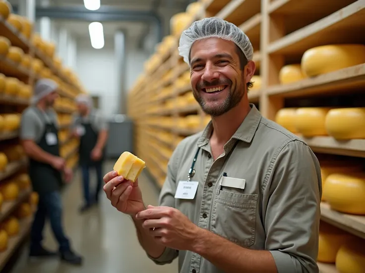 A 35-year-old man visiting a cheese factory, smiling with excitement and joy. He has short brown hair and is casually dressed in a comfortable outfit, wearing a visitors badge and a hairnet. The background shows the factorys cheese-making area, with large ...