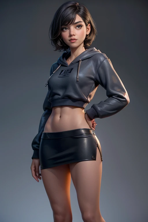 young woman,  short hair ,  brown eyes, blue tube top , Black miniskirt,  knee-length brown boots , gray hoodie sweatshirt, face to the camera,  Dynamic Pose ,  masterpiece , super detail,  lyrics,  natural lighting ,  sharp focus,  ultra resolution ,  pla...