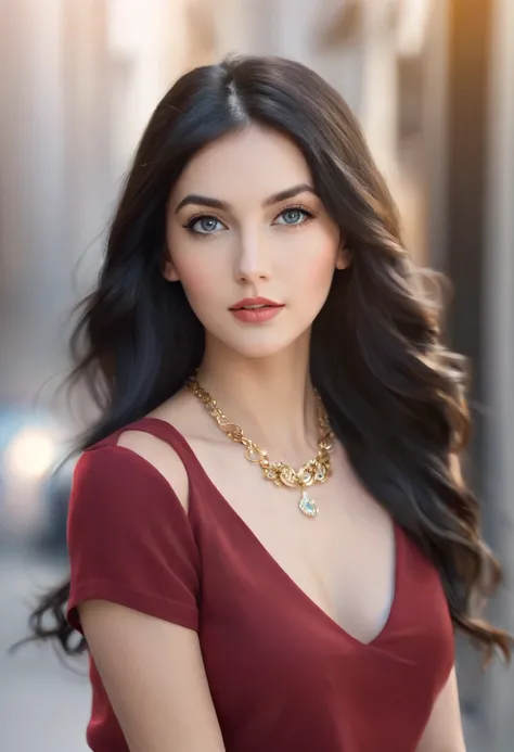 A photorealistic image of a beautiful young woman with long, black hair styled in loose waves, wearing a fitted red mini skirt that accentuates her figure and a delicate gold necklace that adds elegance. She has bluish-gray eyes that stand out and fair ski...