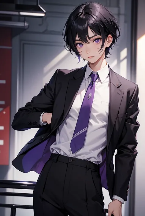 Black Hair, Short Hair, Purple Eyes, 1boy, highschool uniform, black pants.