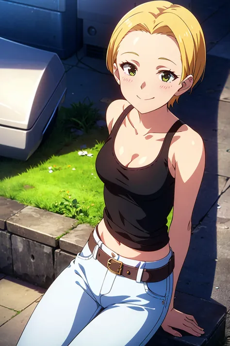 mirishita style, 1girl, solo, {idol outfit, masterpiece}, smile, short hair, forehead, blonde, cinematic light, black tank top, ...