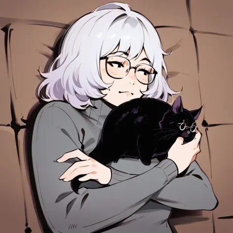 score_9, score_8_up, score_7_up, score_6_up, score_5_up, score_4_up, source_anime, BREAK    1girl,  adorable face , holding a black kitten , gray turtleneck sweater, white hair, lying on a couch, cozy vibe, medium hair,purple hair, glasses