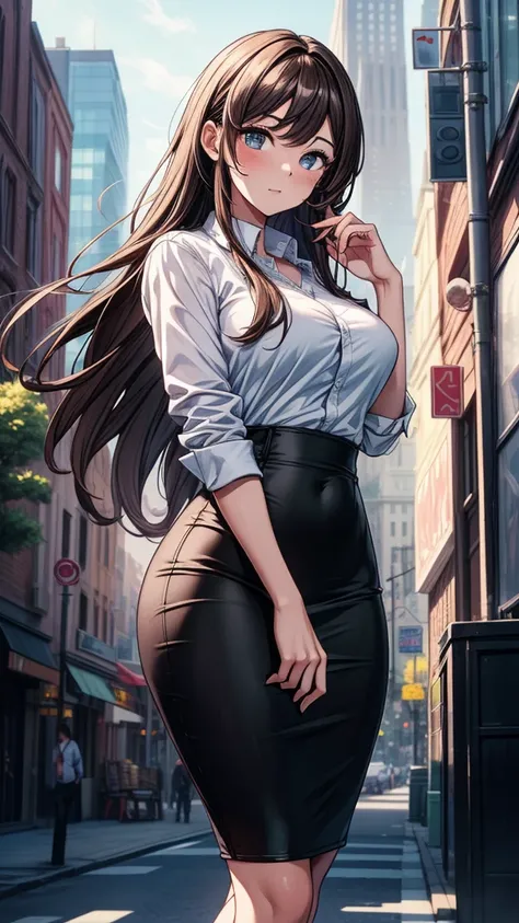 ((masterpiece, best quality:1.8, high detail)), beautiful business woman, looking at viewer, solo focus, long hair, (dark brown hair), (white collar shirt), (black midi pencil skirt), slim body, wide hips, (lower body), city,