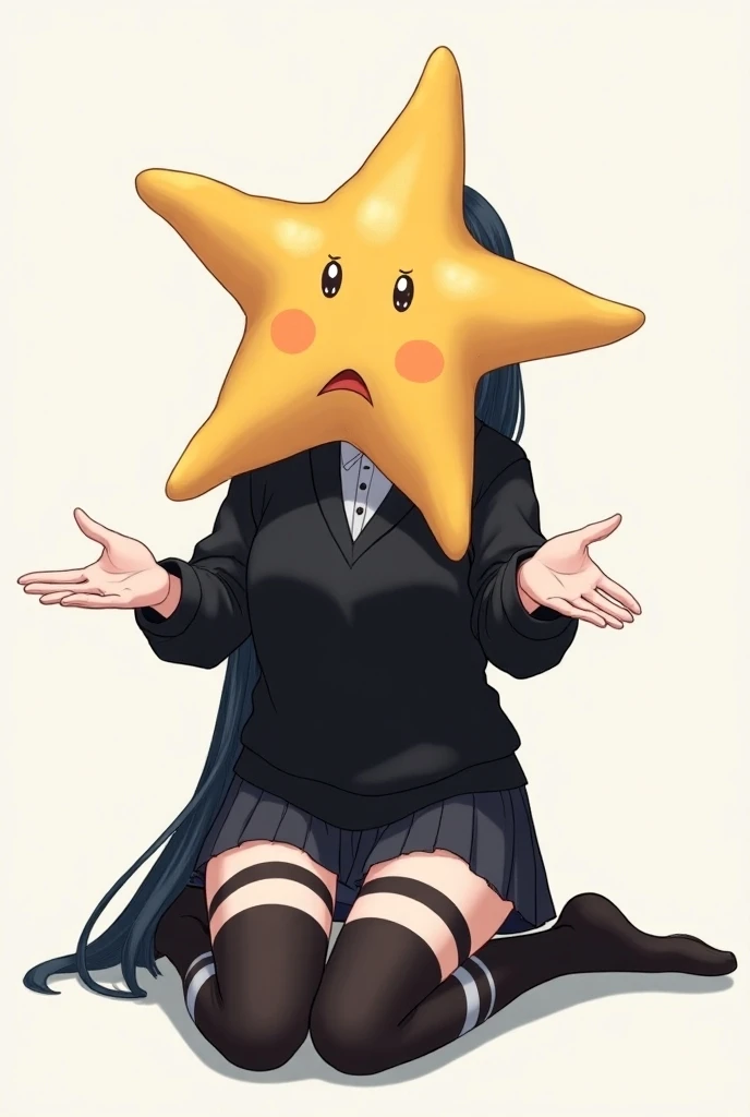 girl, anime,  stockings that reach the thigh  ( color black schoolren with several white strips), (chompa color negro),  a large starfish replaces their head,  sitting on knees , with arms outstretched,  outstretched hands , The hands make a gesture of ask...