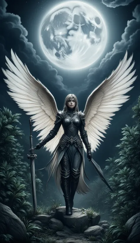 an epic fantasy art portrait of aasimar, female, paladin ready for battle under the full moon, holy warrior, spread large feathe...