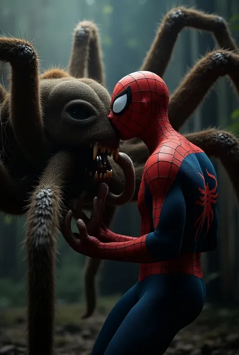 Spiderman kissing a tarantula