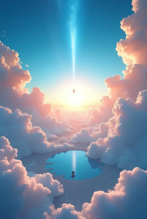 World above the clouds、 Scenery seen from above  、  City and round lake seen through clouds 、Beautiful comet 、 Stunning views 、colorful、4K、Super detailed、  super resolution that completely covers the torso、  、Swirling Clouds、The Sun in the Center 、  Fallin...