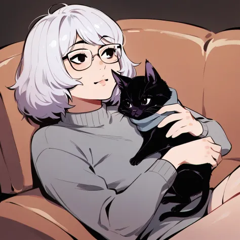 score_9, score_8_up, score_7_up, score_6_up, score_5_up, score_4_up, source_anime, BREAK    1girl,  adorable face , holding a black kitten , gray turtleneck sweater, white hair, lying on a couch, cozy vibe, medium hair,purple hair, glasses