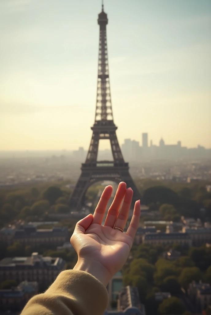 Hand of a girl pointing towards the Ifel Tower in Paris,epic realism