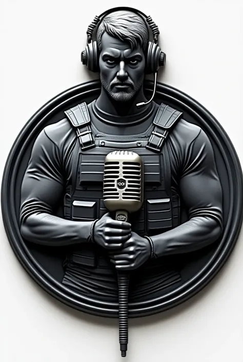  round rubberized emblem , containing the design of a microphone in the color silver  , wearing a ballistic vest and wearing the headset in the ear, e a escrita BAKANA PODCAST AIRSOFT 