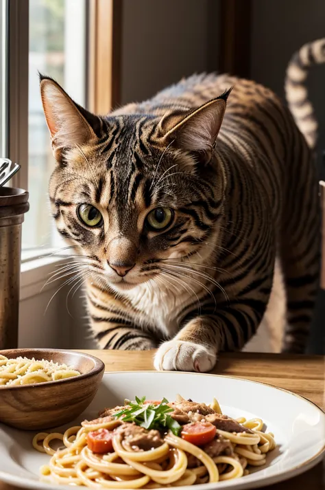 a cat eating pasta at yard, detailed feline features, beautiful fur texture, detailed whiskers, detailed eyes, detailed face, hi...