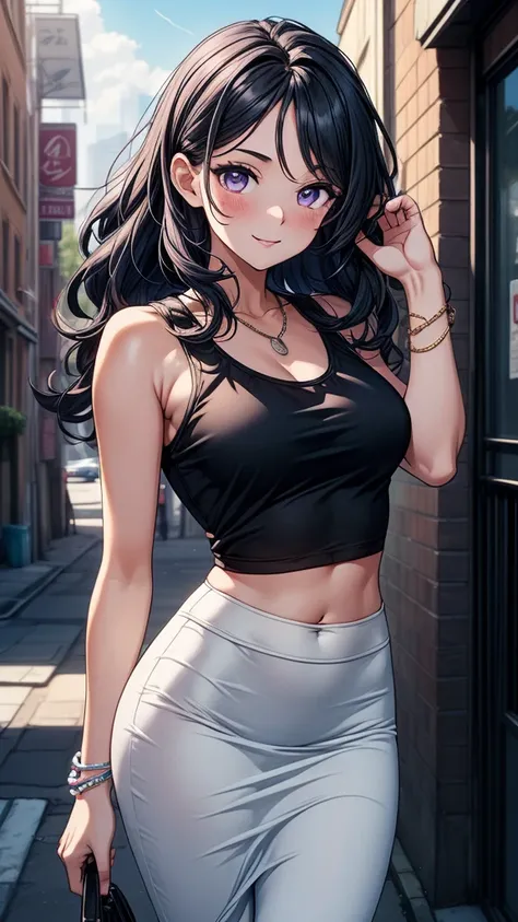 ((masterpiece, best quality:1.3, high detail)), beautiful woman, smile, long wavy hair, (dark blue hair), hairpin, bright purple eyes, light blush, ((white tank top)), ((long black midi pencil skirt)), midriff, navel, necklace, bracelets, collarbone, outdo...