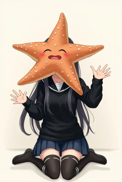 girl, anime,  stockings that reach the thigh  ( color black schoolren with several white strips), (chompa color negro),  a large starfish replaces their head,  sitting on knees , with arms outstretched,  outstretched hands , The hands make a gesture of ask...