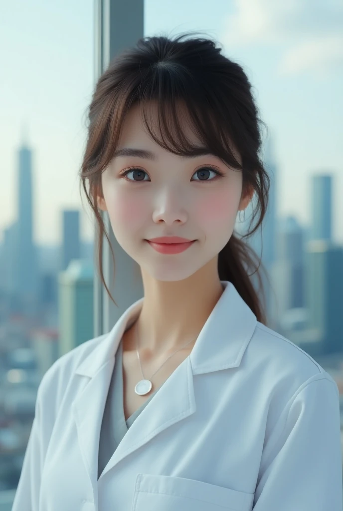 photorealistic, japanese woman in her 20s, medic, brown hair with fringe, city background