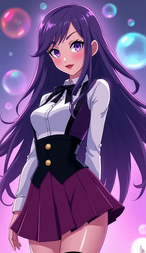 (Close up), (Close up from top of head to bottom of thigh), Zatanna from DC Super Hero Girls 2019, long purple hair, straight purple hair, sparkly purple hair, magical purple hair, Zatanna is a beautiful teenage girl with fair skin and a distinctive hourgl...