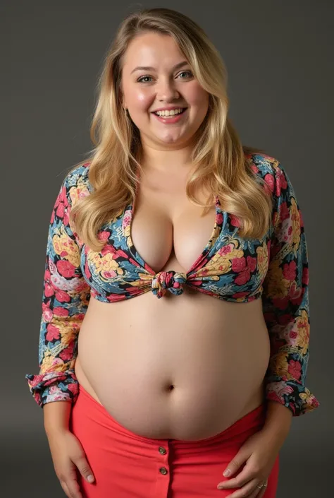 (8K, best quality, high-resolution:1.35),(Raw photo:1.2), (Photorealsitic:1.37), (amateur: 1.25), ((full body)), symmetry, 1 chubby girl, chubby face, colorful shirt showing small cleavage, skirt, big breast, shoulder long wavy blonde  hair, chubby face, d...