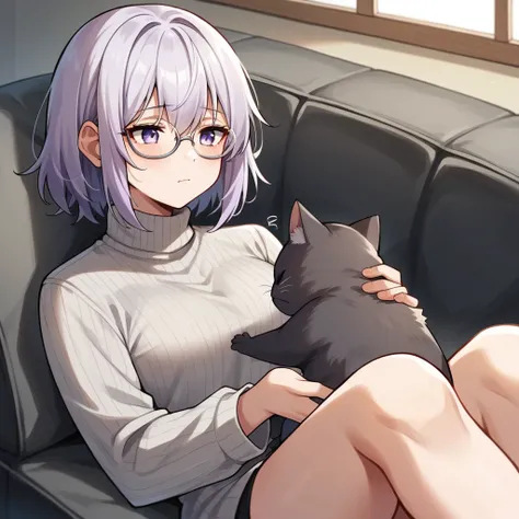 score_9, score_8_up, score_7_up, score_6_up, score_5_up, score_4_up, source_anime, BREAK    1girl,  adorable face , holding a black kitten , gray turtleneck sweater, white hair, lying on a couch, cozy vibe, medium hair,purple hair, hair color purple, glass...