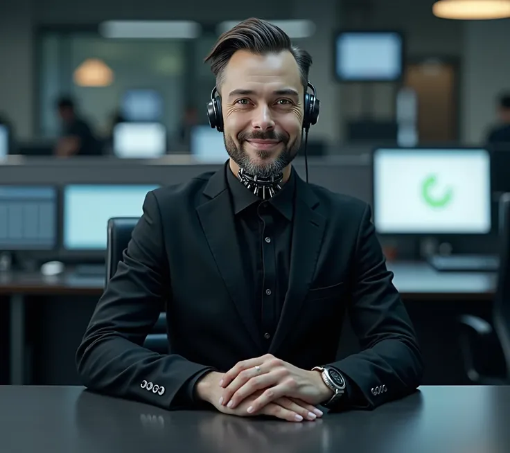 I want a realistic photo of an accountant ,  the most human face with robot features,  he must represent digital accounting ,  in a black suit and in a room full of computers,  he must have an expression that gives confidence , but smiling. Sitting at an o...