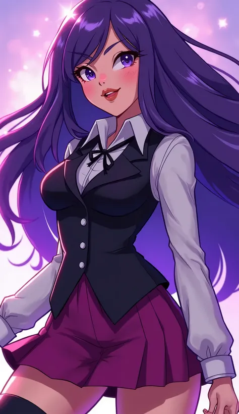 (Close up), (Close up from top of head to bottom of thigh), Zatanna from DC Super Hero Girls 2019, long purple hair, straight purple hair, sparkly purple hair, magical purple hair, Zatanna is a beautiful teenage girl with fair skin and a distinctive hourgl...