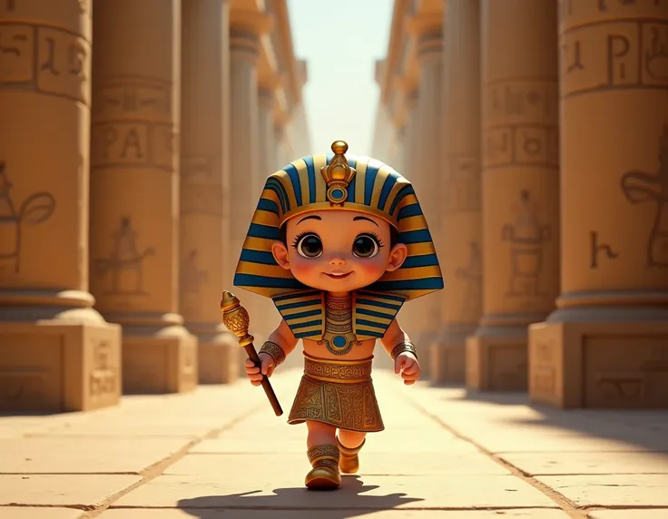 A smiling baby pharaoh, wearing a striped nemes headdress, a golden and blue collar with intricate patterns, and a royal skirt adorned with hieroglyphic motifs. The baby holds a miniature scepter and walks confidently down a majestic egyptian runway, with ...