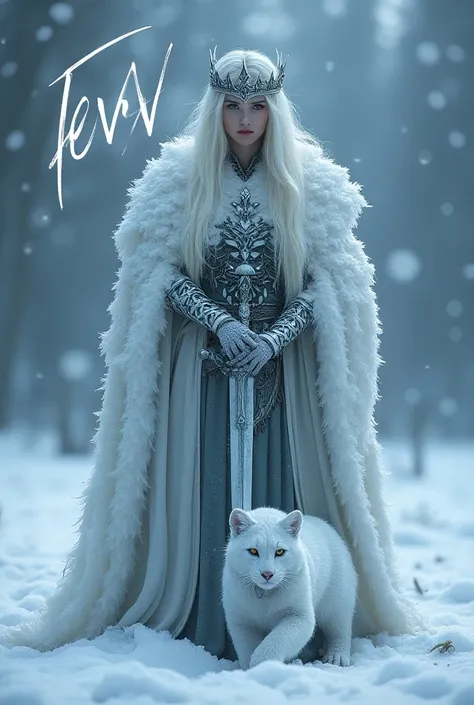 A frost warrior queen wearing a metal crown, with a frost cat wearing armor in front of her. She is holding a sword and there is an "Aurora" text in the air on top of her.  In front of her, there is a text writing "EVV" on the ground