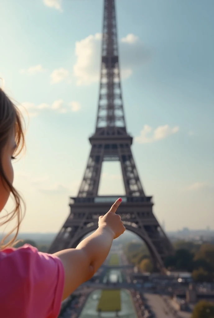 Hand of a girl pointing at the top of the Ifel Tower in Paris from close up ,epic realism, hands,detailed pink t-shirt 