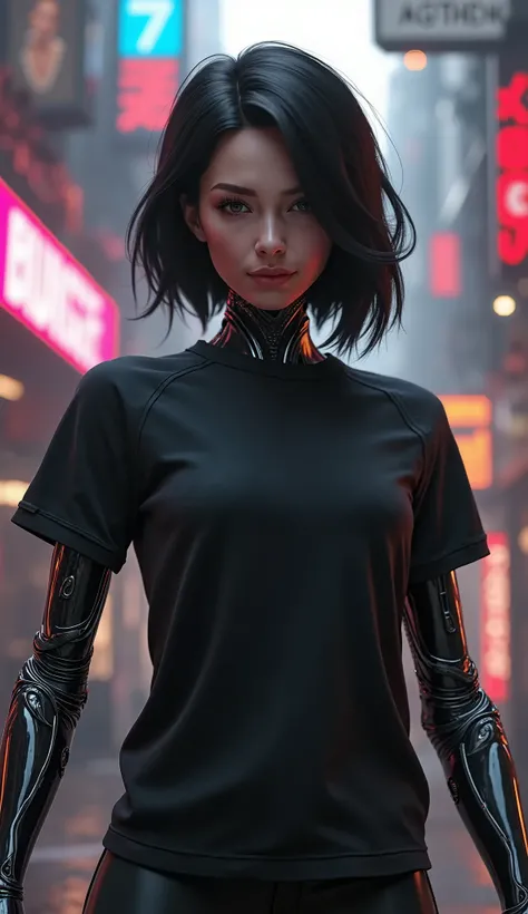 the character from the animation Alita, wearing a plain black t-shirt, with scenes from the film Alita, smiling at the camera and pointing at the t-shirt