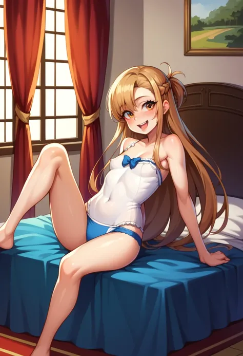 ((Best Quality)), ((masterpiece)), (be familiar with),  perfect face, indoor, bedroom,  watching viewers ,
One woman,  Asuna Yuki,
 characters with open mouth ,  ecstatic expression, blush, smile,
Small breasts,  flat chest, Young girl, Lori,  kids,  girl,...