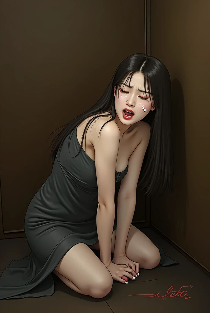 High resolution, (it hurts:1.2), (Asco:1.4), (Embarrassing:1.2), (Open your mouth:1), (Sticking out tongue:1), (On my knees:1), (Alette:1), Long and straight hair, Brown Hair, White drops on face, Revealing clothing ，Very beautiful Korean women，Beautiful a...