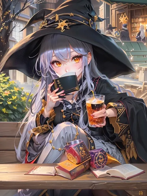 anime girl wearing a witch hat sitting on a bench , Im wearing a black witch robe 、Gold and red decorations on hat and robe, With a drink,  Splash Art Anime Lori ,   anime girl sitting at a city table drinking energy drink ,  Anime Visual of a Cute Girl , ...