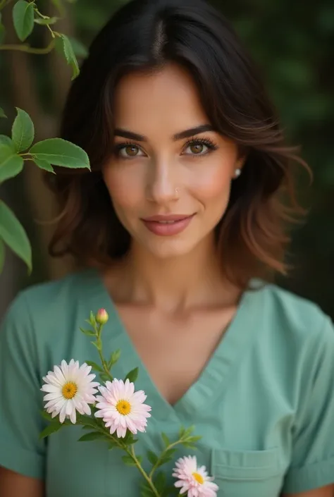  A Brazilian woman, Dressing as a nurse, Chocolate hair  ,  with a close up capturing the harmonious beauty between your breasts and natural flowers,  showing their natural charm and outgoing personality.