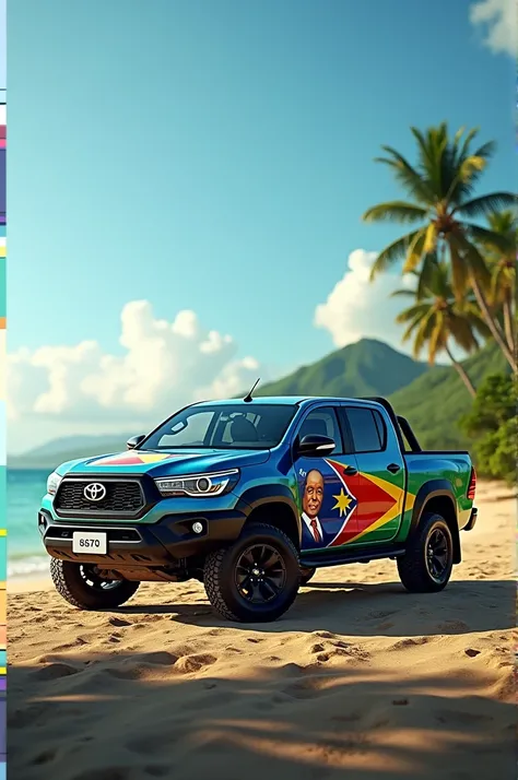 Hilux painted Solomon island flag on it and the promministers face in the flag, realistic & cinematic 