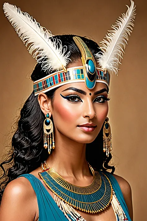 Face of the Egyptian Goddess Anuket with an ostrich feather headdress on her head, gazelle horns , very beautiful, Profile 3/You too, with one hand under your elegant face, as if you were letting go of something.