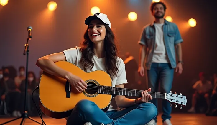 Generate an image in sixteen by nine format A BRUNETTE WOMAN WITH WAVY HAIR WITH A NIKE CAP sitting cross-legged, SINGING HAPPY while playing the guitar. Cheerful man wearing casual clothes and in relaxed pose looking at the camera. She doesnt show her bre...